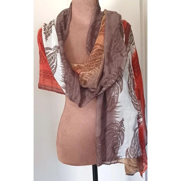 Boho Ombre Paisley Print Sheer Wrap Scarf Shawl Rust Brown Tan Fall Colors 68x34 - Picture 2 of 6